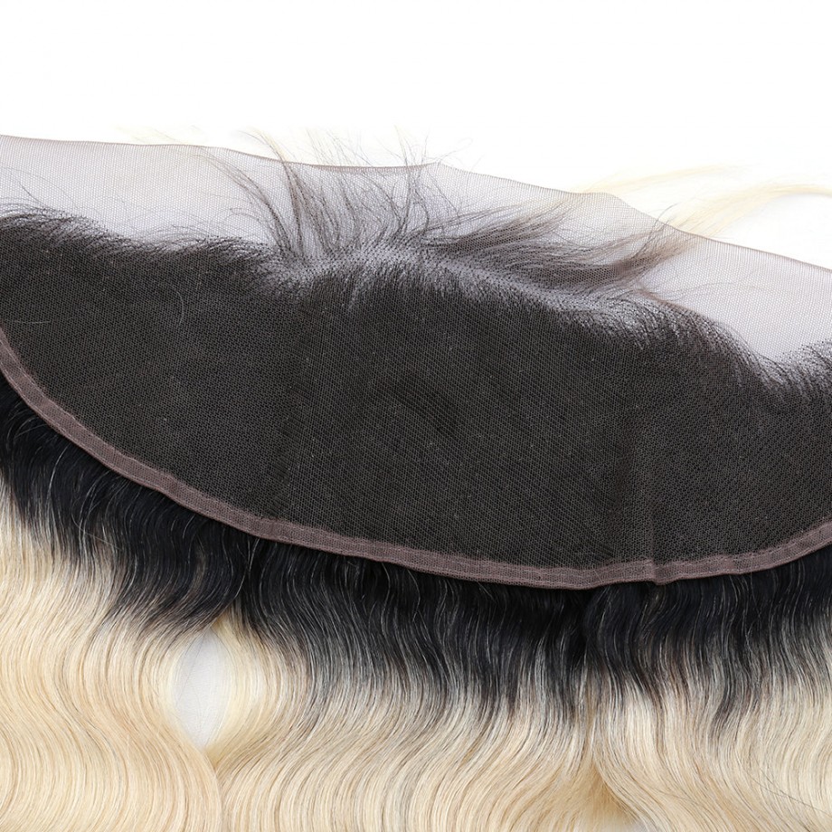 Virgin Human Hair Bundles With 13x4 Lace Frontal Black Root And #613 Color Body Wave