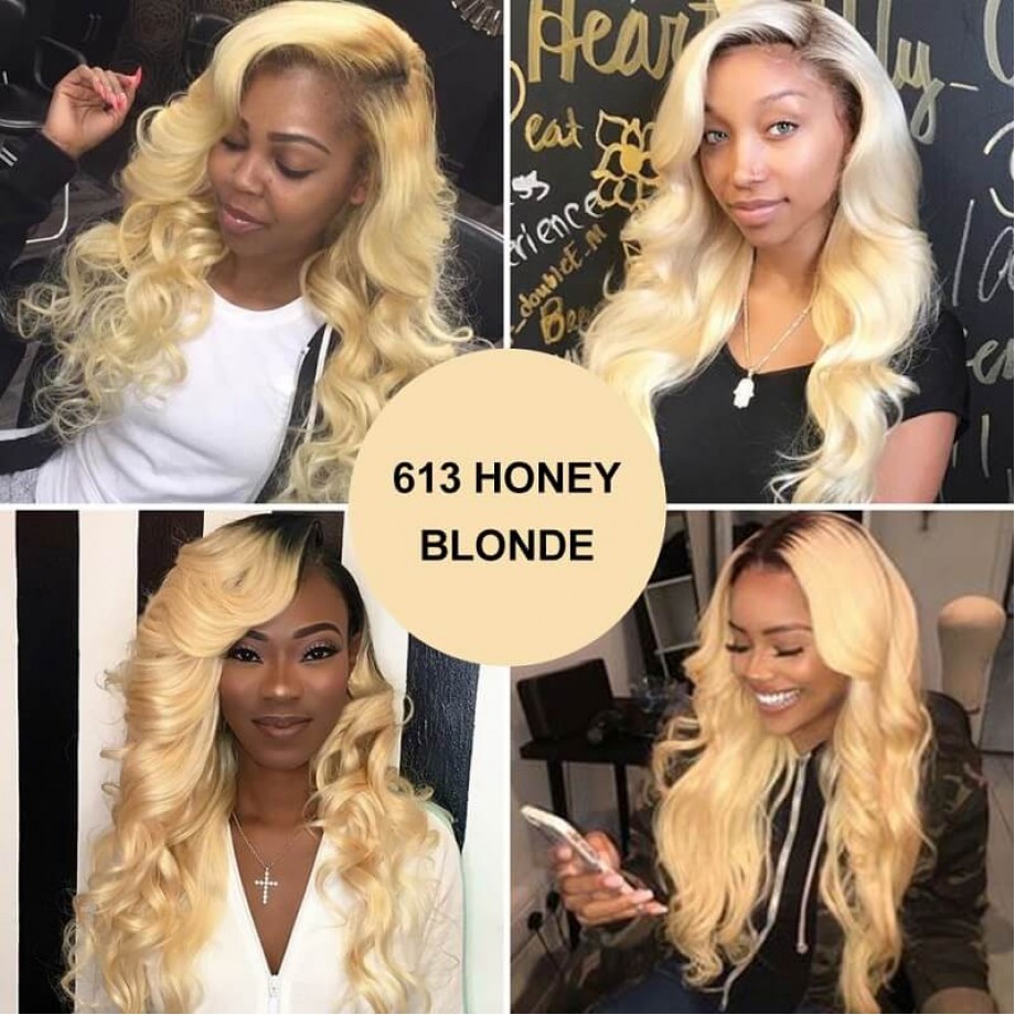 Virgin Human Hair Bundles With 13x4 Lace Frontal Black Root And #613 Color Body Wave