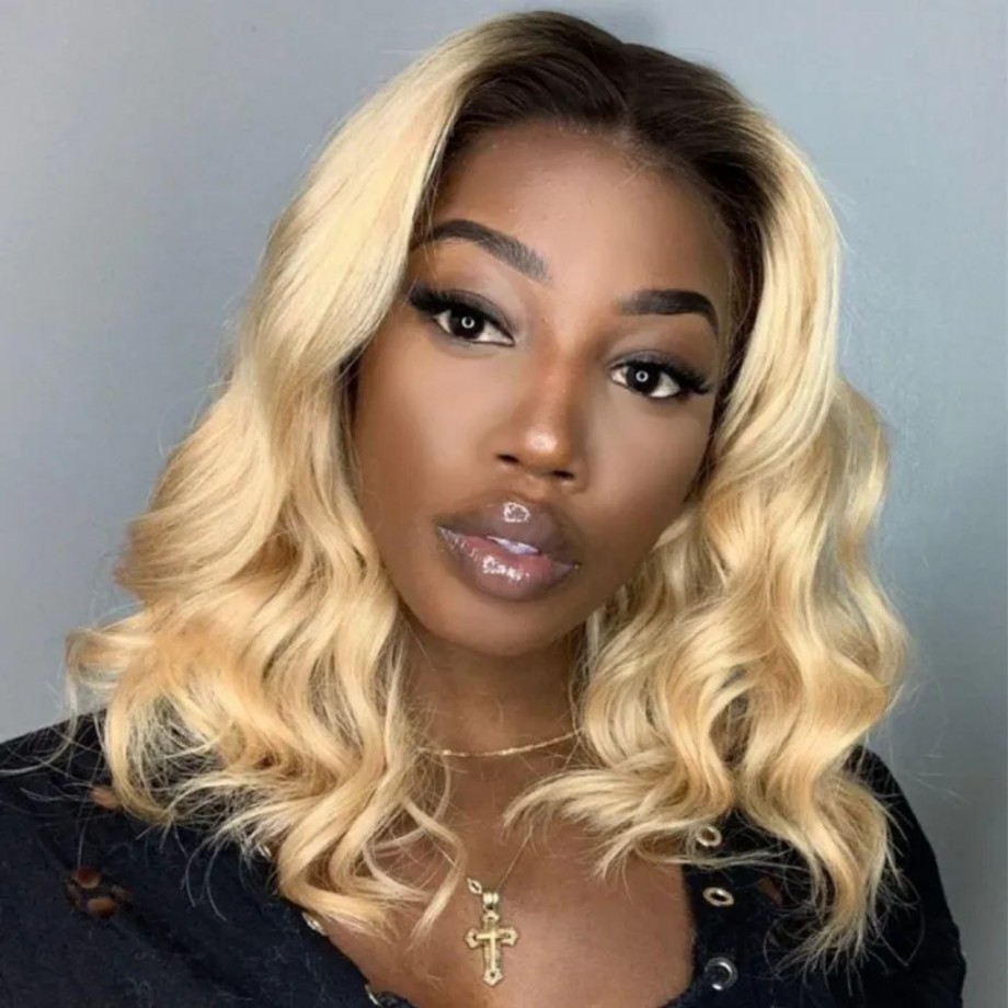 Virgin Human Hair Bundles With 13x4 Lace Frontal Black Root And #613 Color Body Wave