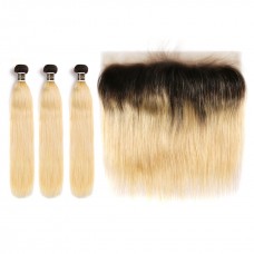 Uglam Bundles With 13x4 Lace Frontal Closure Black Root and #613 Color Straight