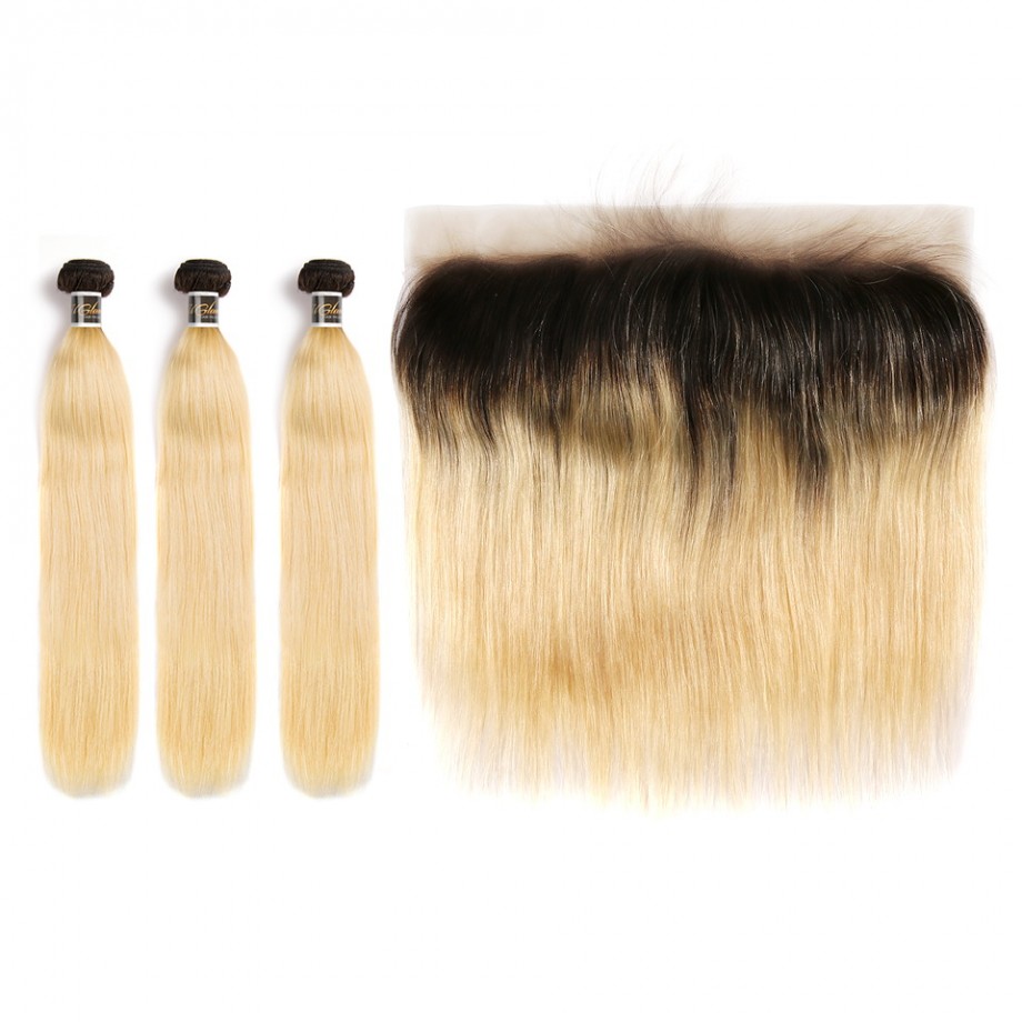 Uglam Bundles With 13x4 Lace Frontal Closure Black Root and #613 Color Straight
