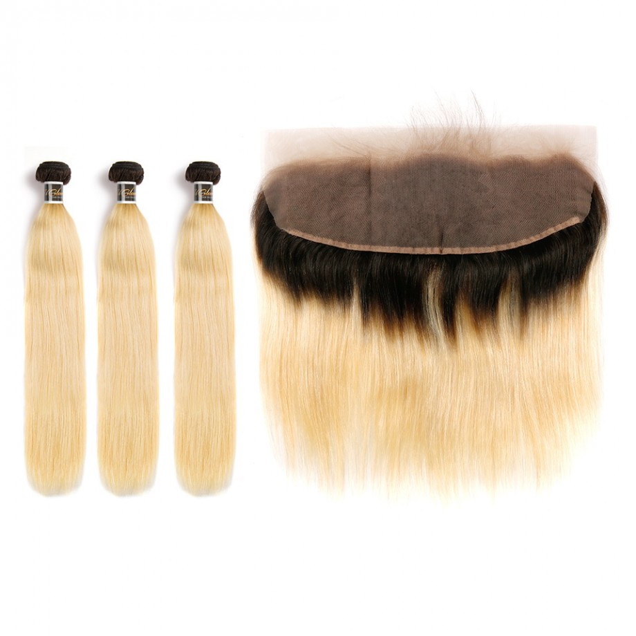 Uglam Bundles With 13x4 Lace Frontal Closure Black Root and #613 Color Straight
