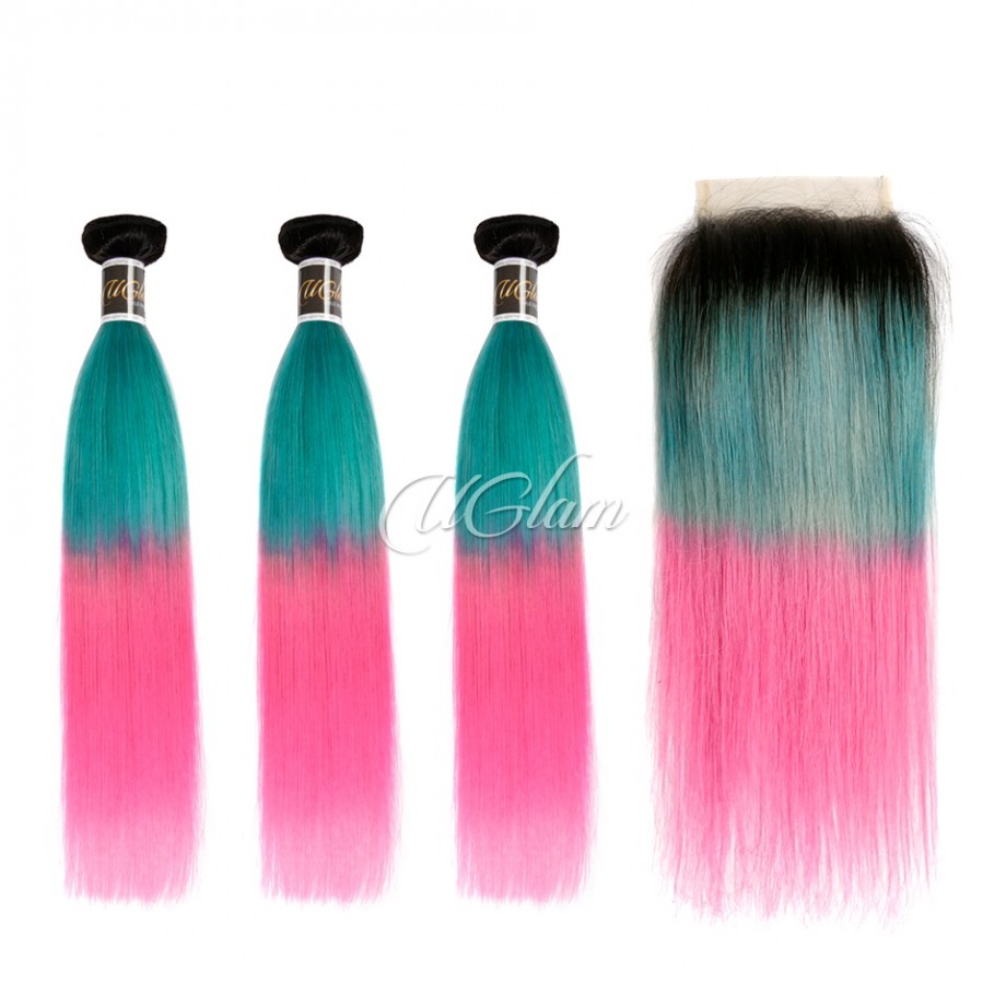 Uglam Bundles With 4x4 Swiss Lace Closure Ombre Blue Coral and Baby Pink Color Straight