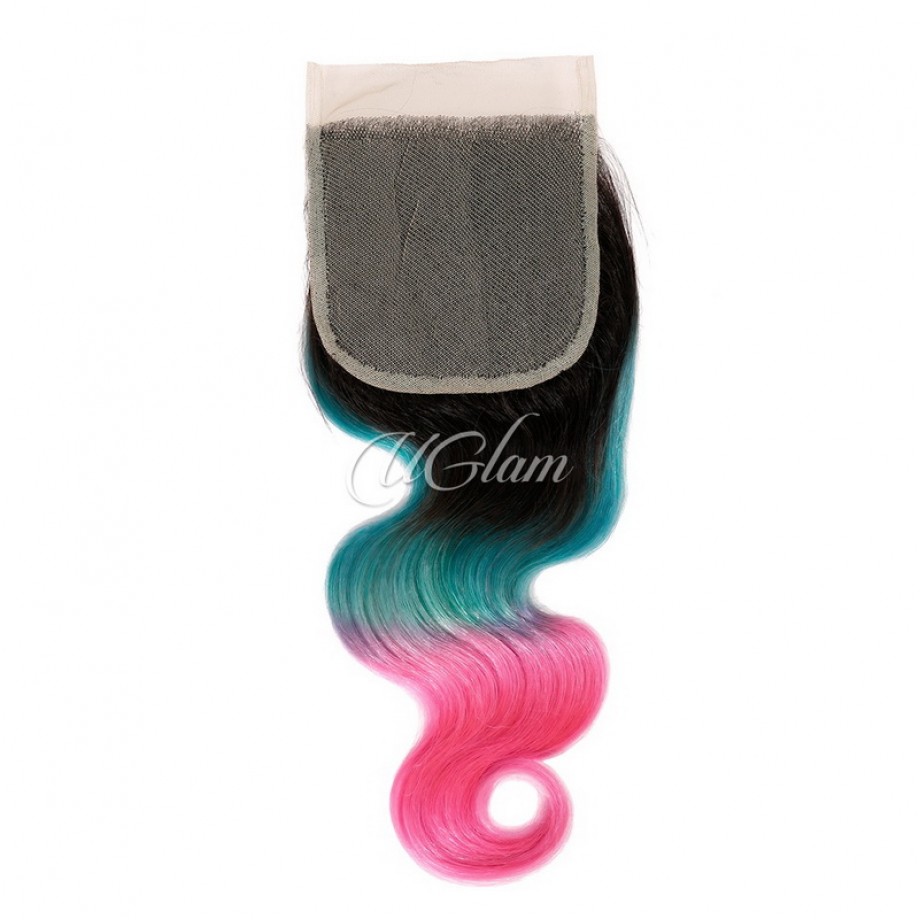 Uglam Bundles With 4x4 Swiss Lace Closure Ombre Blue Coral and Baby Pink Color Body Wave