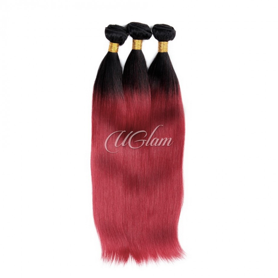 Uglam Bundles With 4x4 Lace Closure Black Root And Red Color Straight