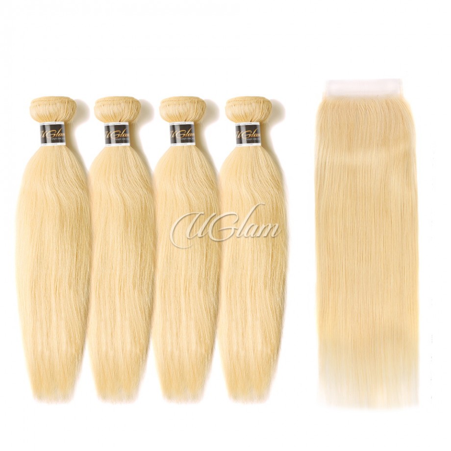 Virgin Human Hair Bundles With 5x5 Lace Closure Honey Blonde #613 Color Straight
