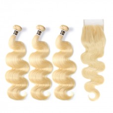 Human Hair Bundles With 6x6 Lace Closure Honey Blonde #613 Color Body Wave