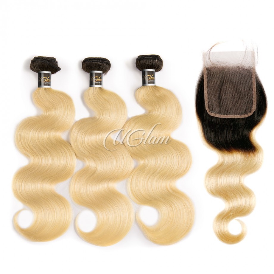 Virgin Human Hair Bundles With 4x4 Lace Closure Black Root and #613 Color Body Wave