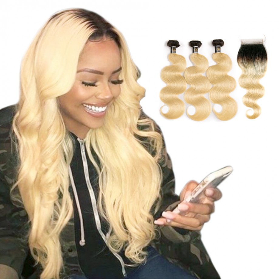 Virgin Human Hair Bundles With 4x4 Lace Closure Black Root and #613 Color Body Wave