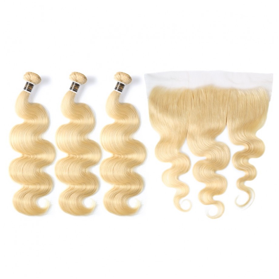 Human Hair Bundles With 13x4 Lace Frontal Closure Honey Blonde #613 Color Body Wave