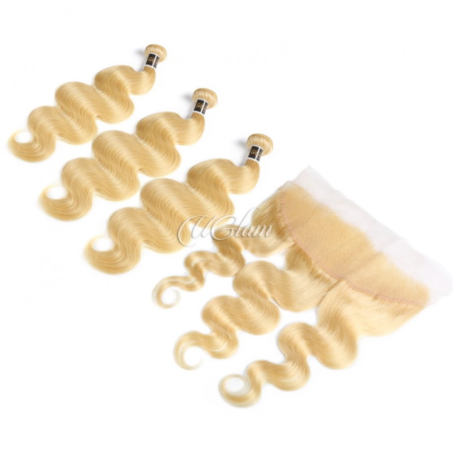 Human Hair Bundles With 13x4 Lace Frontal Closure Honey Blonde #613 Color Body Wave