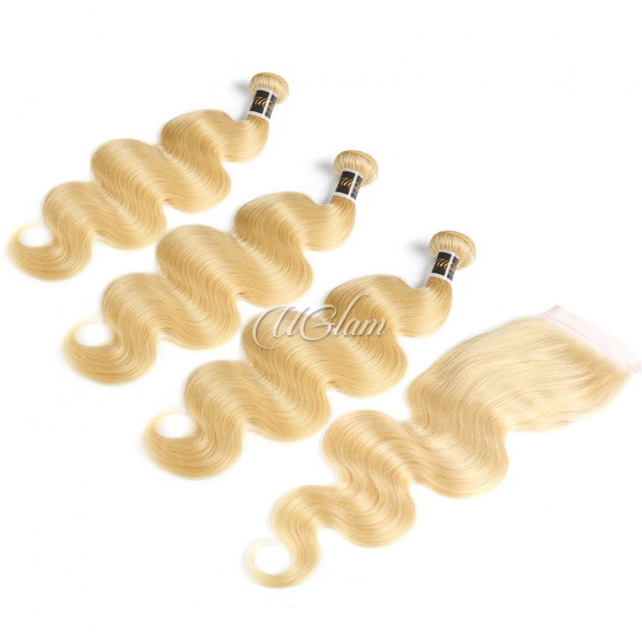 Uglam Bundles With 4x4 Lace Closure Blonde #613 Color Body Wave