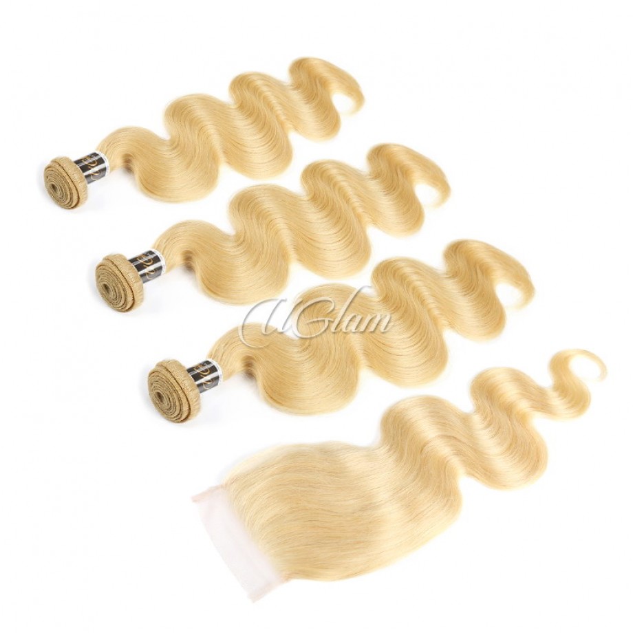 Uglam Bundles With 4x4 Lace Closure Blonde #613 Color Body Wave