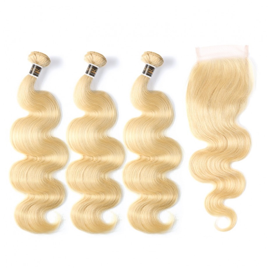 Uglam Bundles With 4x4 Lace Closure Blonde #613 Color Body Wave