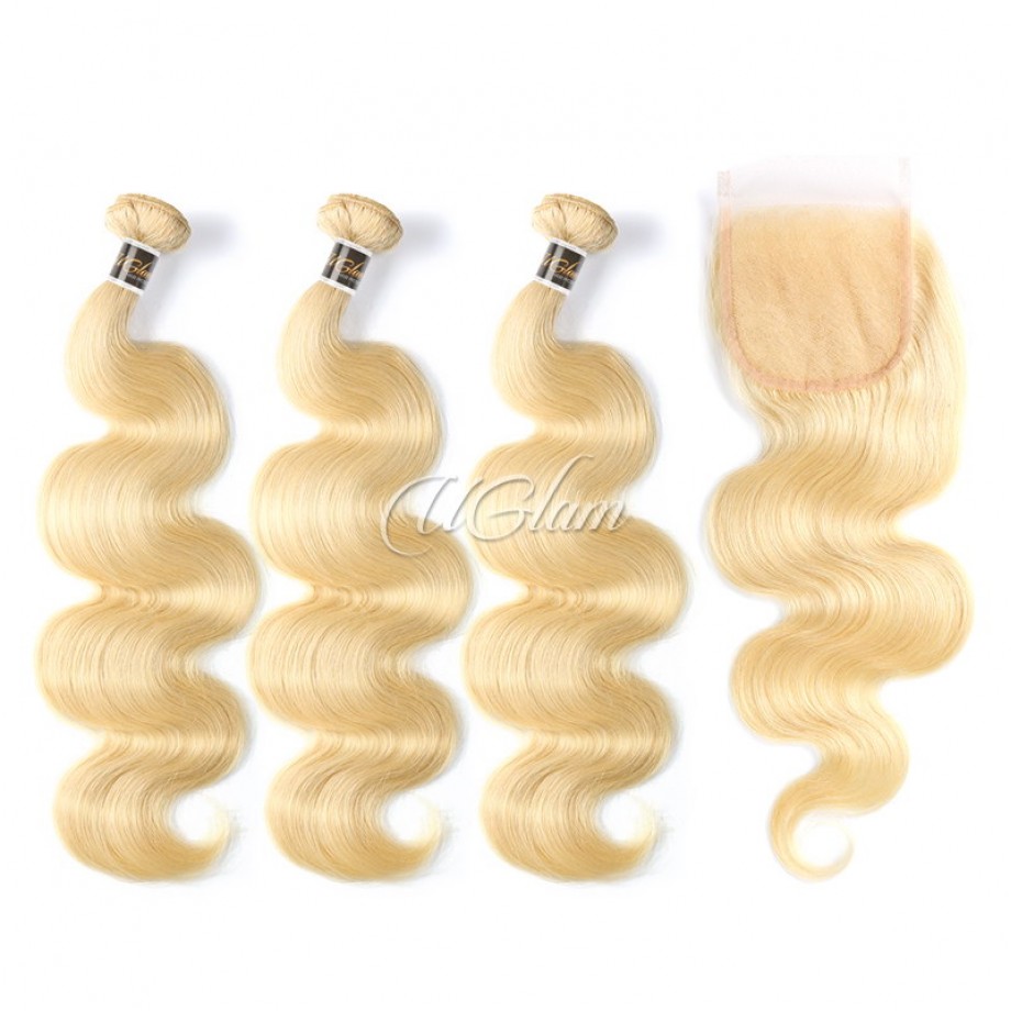 Virgin #613 Color Body Wave Human Hair Bundles With 4x4 Lace Closure Blonde