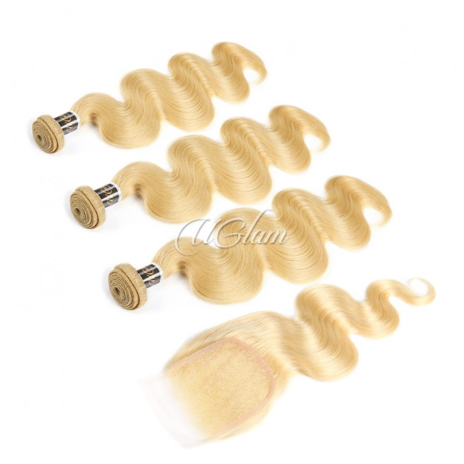 Uglam Bundles With 4x4 Lace Closure Blonde #613 Color Body Wave