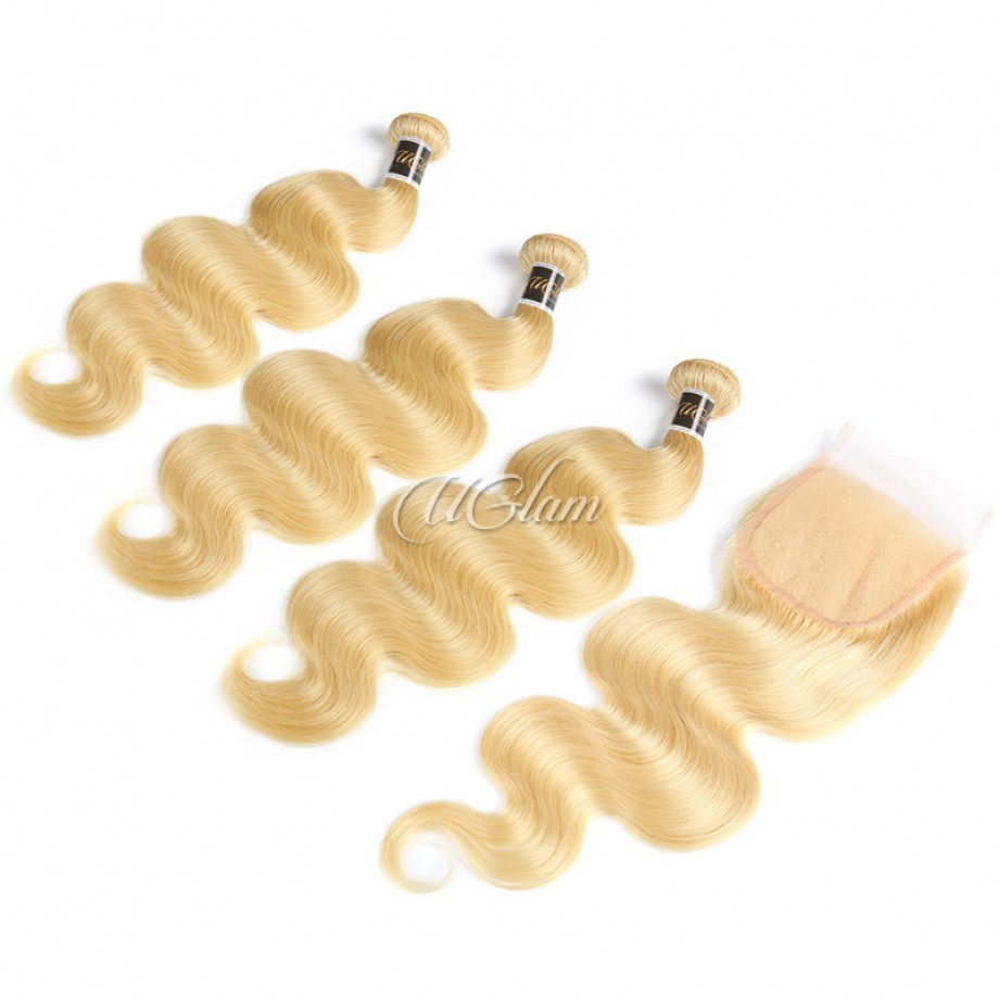 Uglam Bundles With 4x4 Lace Closure Blonde #613 Color Body Wave