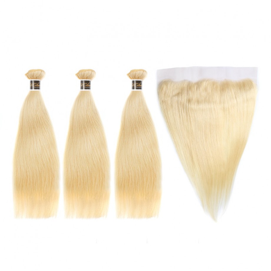 Human Hair Bundles With 13x4 Lace Frontal Closure Honey Blonde #613 Color Straight