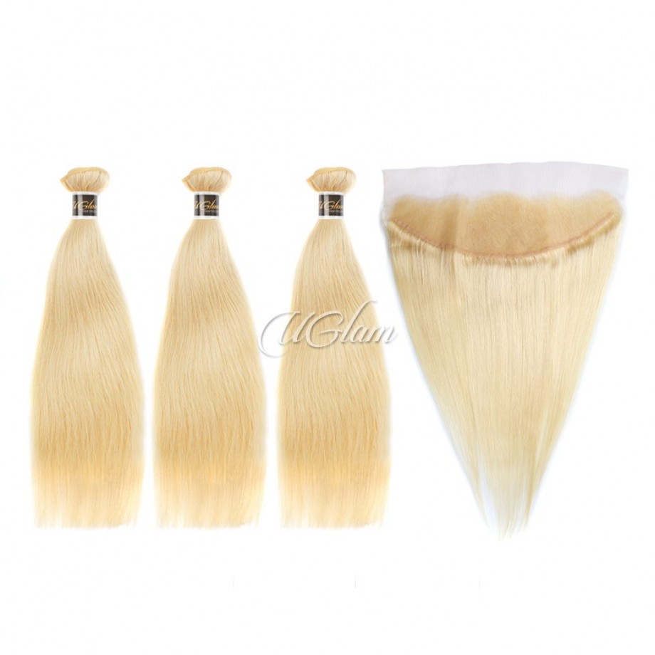 Human Hair Bundles With 13x4 Lace Frontal Closure Honey Blonde #613 Color Straight