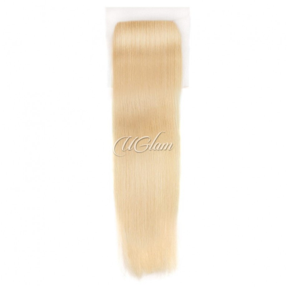 Virgin Human Hair Bundles With 6x6 Lace Closure Honey Blonde #613 Color Straight