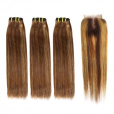 Uglam Double Drawn Bundles With 4X4 Swiss Lace Closure Piano Color #4/27 Straight