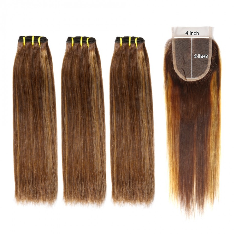 Uglam Double Drawn Bundles With 4X4 Swiss Lace Closure Piano Color #4/27 Straight