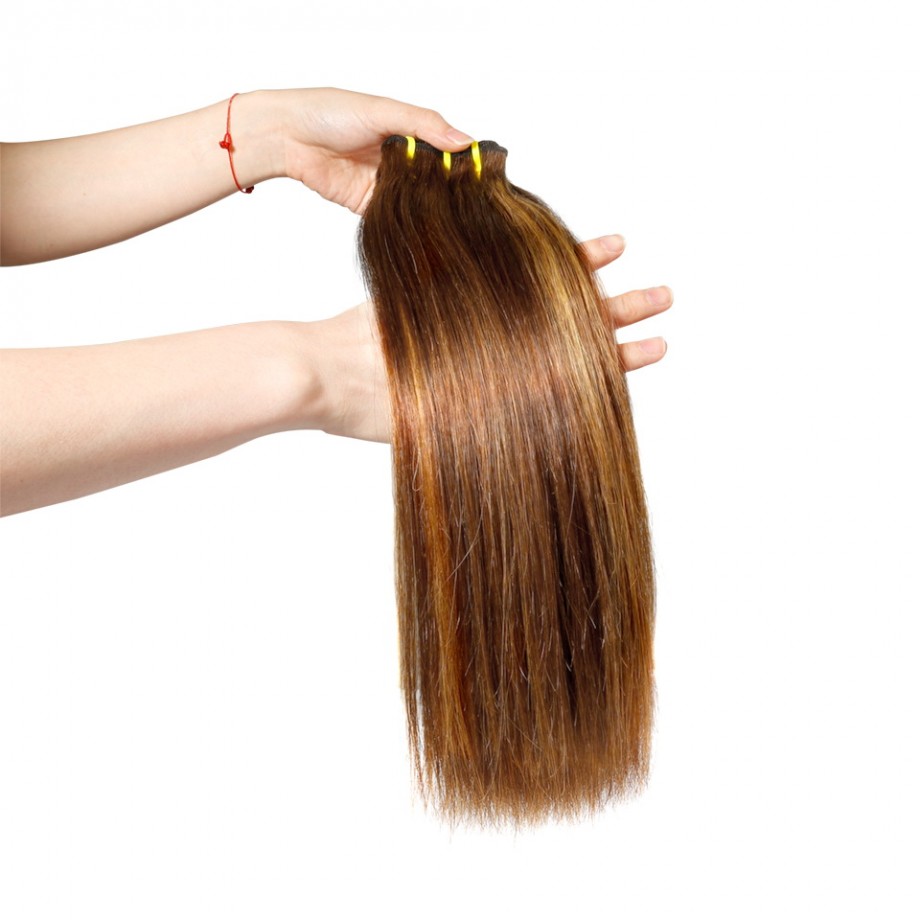 Uglam Double Drawn Bundles With 4X4 Swiss Lace Closure Piano Color #4/27 Straight