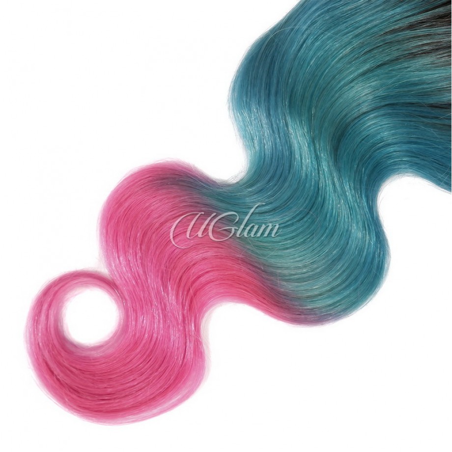 4x4 Swiss Lace Closure Ombre Blue Coral And Baby Pink Color