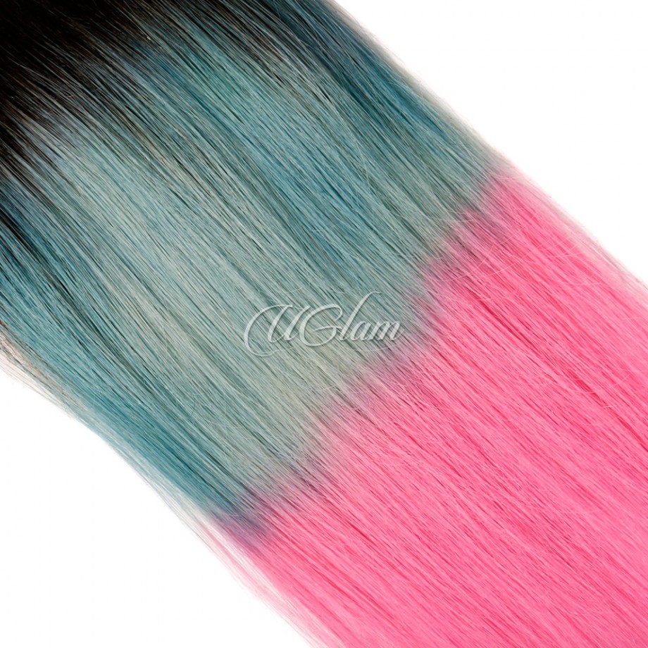Uglam 4x4 Swiss Lace Closure Ombre Blue Coral and Baby Pink Color Straight