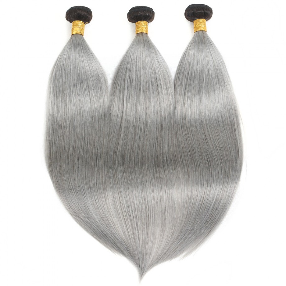 Virgin Straight Ombre Black Root Sliver Grey Human Hair Bundles 