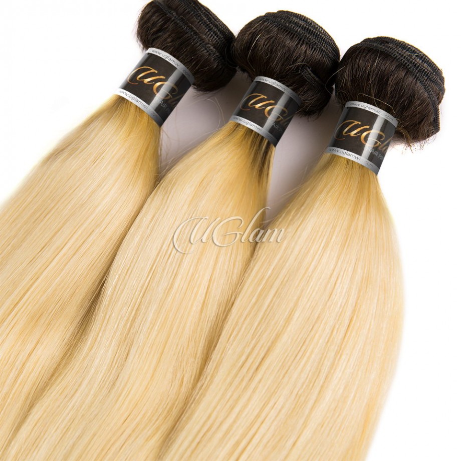 Virgin Ombre Black & #613 Color Straight Human Hair Bundles 