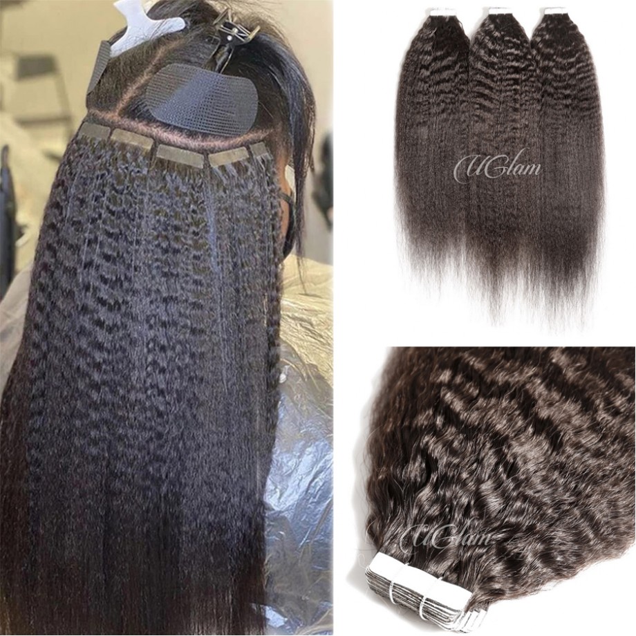 Uglam 1B Hair Tape in Hair Extensions Human Hair Kinky Straight