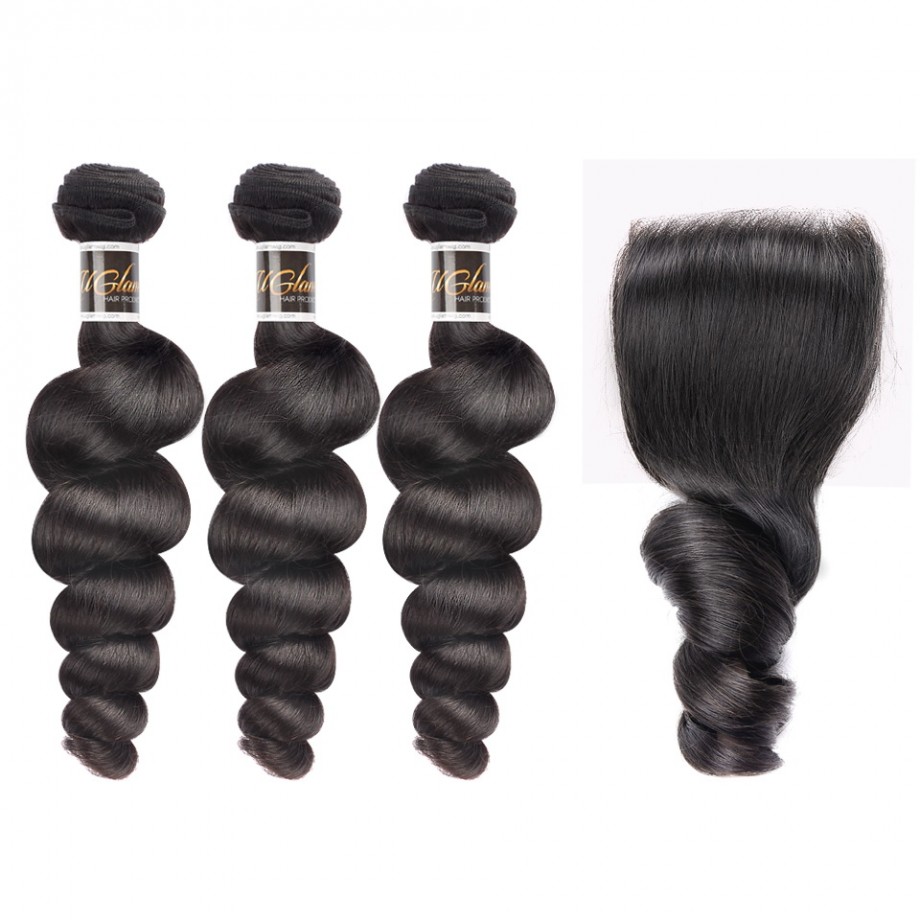 Uglam 4x4 Lace Closure With Bundles Loose Wave 