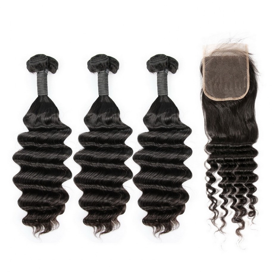 Uglam Double Drawn Bundles With 4X4 Lace Closure Loose Deep Wave