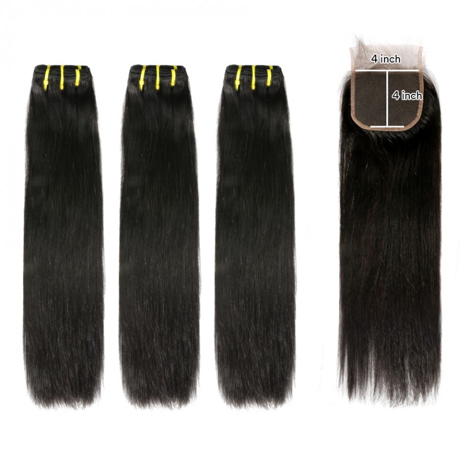 Uglam Double Drawn Bundles With 4X4 Lace Closure Straight
