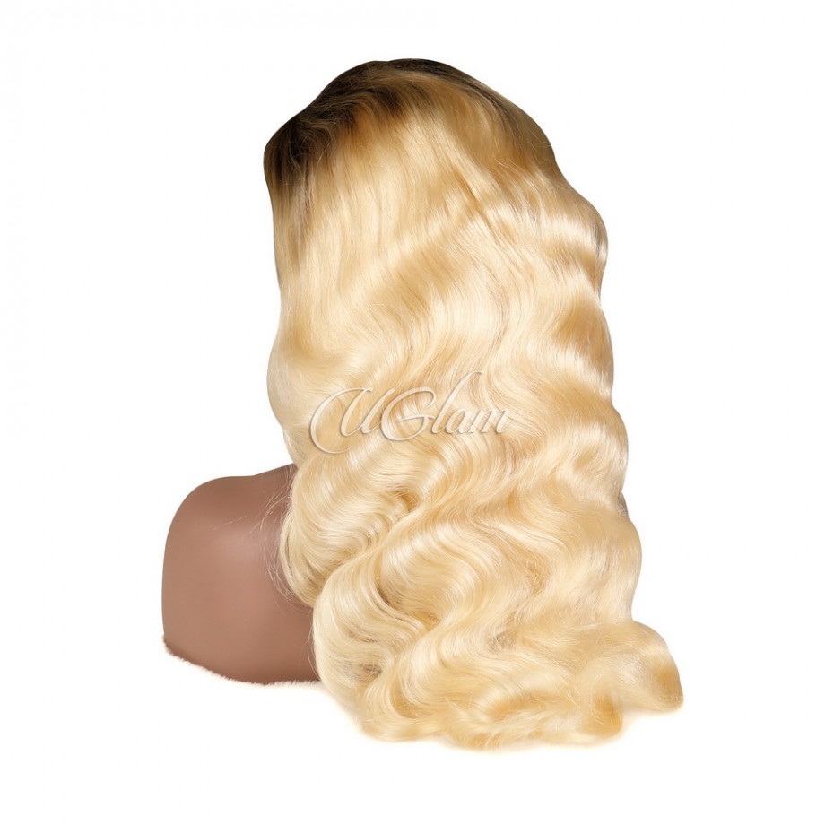 Uglam Color 1b/613 Ombre Transparent 13x4  Lace Frontal Wig Body Wave 