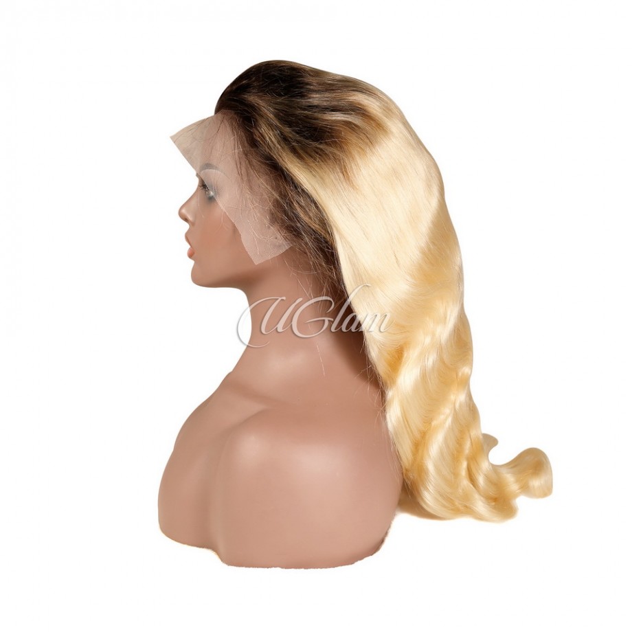 Uglam Color 1b/613 Ombre Transparent 13x4  Lace Frontal Wig Body Wave 