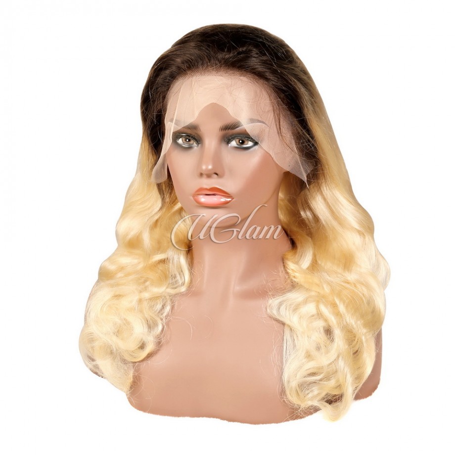 Uglam Color 1b/613 Ombre Transparent 13x4  Lace Frontal Wig Body Wave 