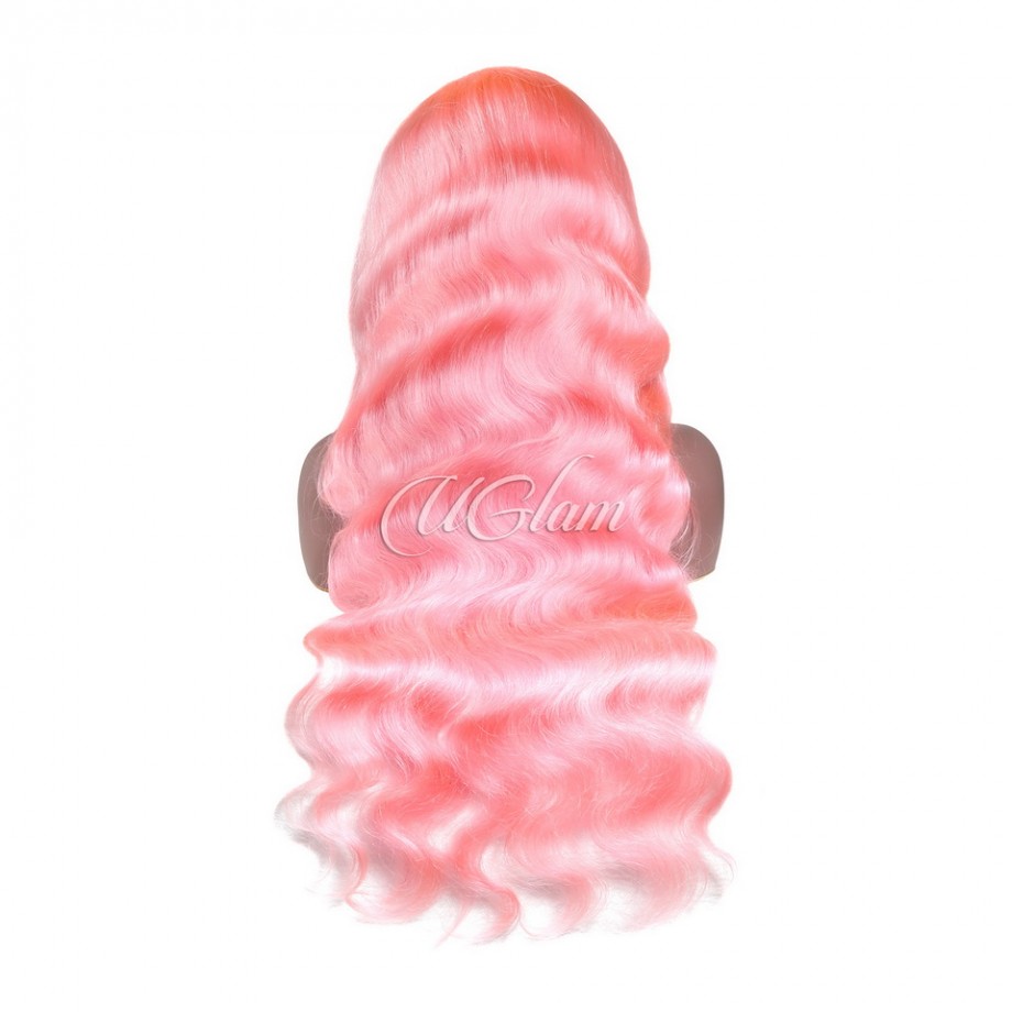 Uglam Color Pink Transparent 13x4  Lace Frontal Wig Body Wave 