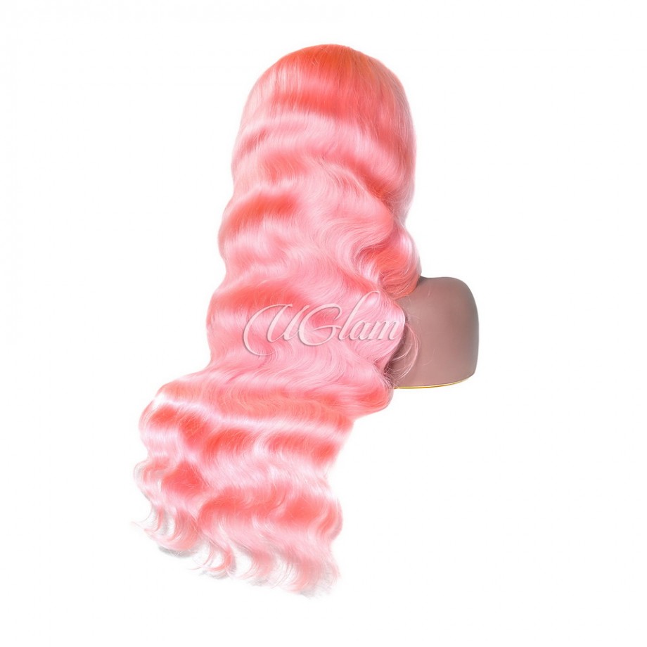 Uglam Color Pink Transparent 13x4  Lace Frontal Wig Body Wave 