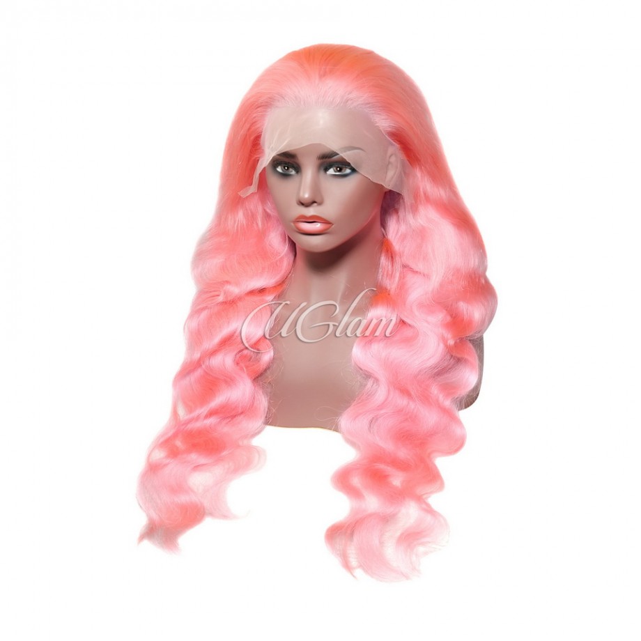 Uglam Color Pink Transparent 13x4  Lace Frontal Wig Body Wave 