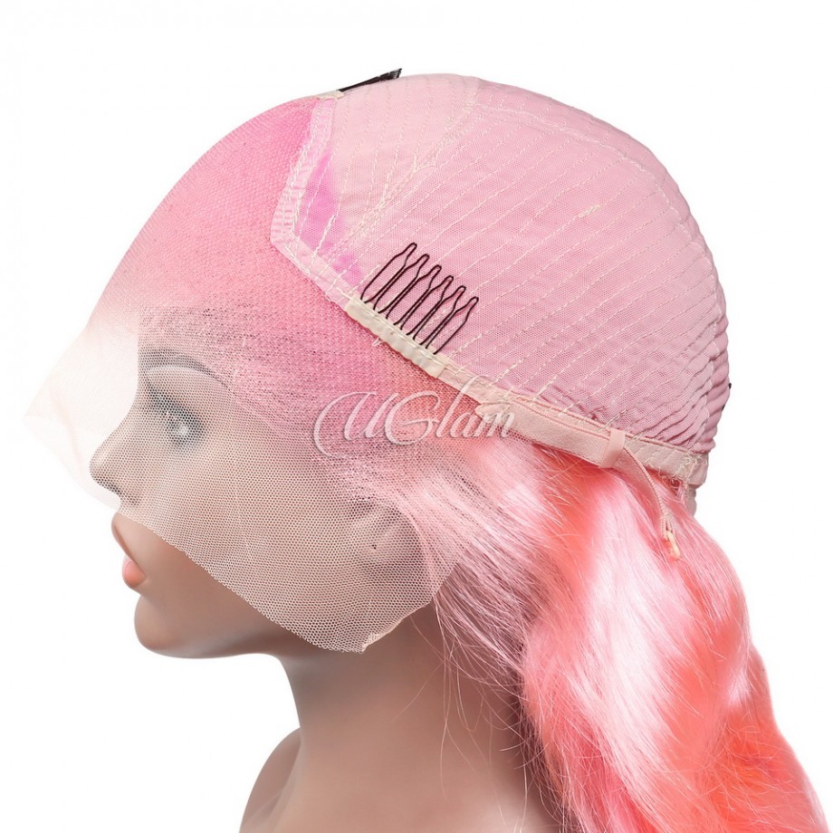 Uglam Color Pink Transparent 13x4  Lace Frontal Wig Body Wave 