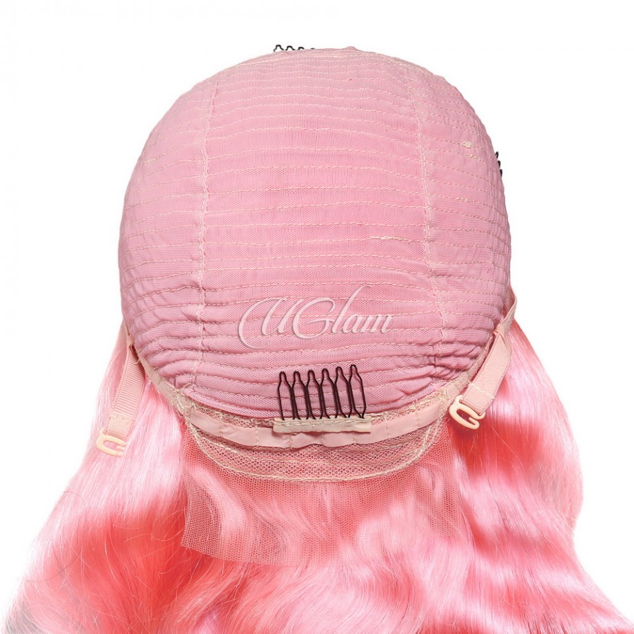 Uglam Color Pink Transparent 13x4  Lace Frontal Wig Body Wave 