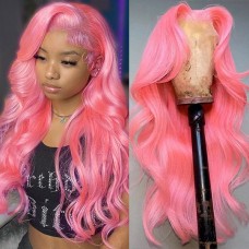 Uglam Color Pink Transparent 13x4  Lace Frontal Wig Body Wave 