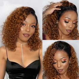 Uglam Ombre 1B/30 Cheaper Water Wave Curly Bob Wigs Transaprent Lace Human Hair 