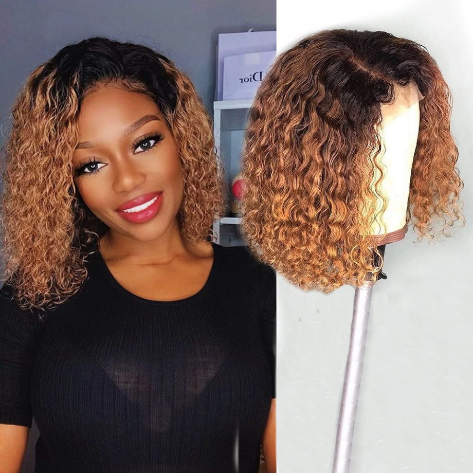 Uglam Ombre 1B/30 Cheaper Water Wave Curly Bob Wigs Transaprent Lace Human Hair 