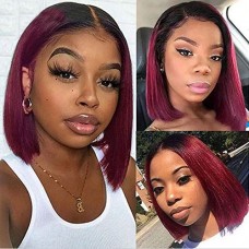 Uglam 13X4 Lace Front  Wig Black Root Burgundy Color Straight 