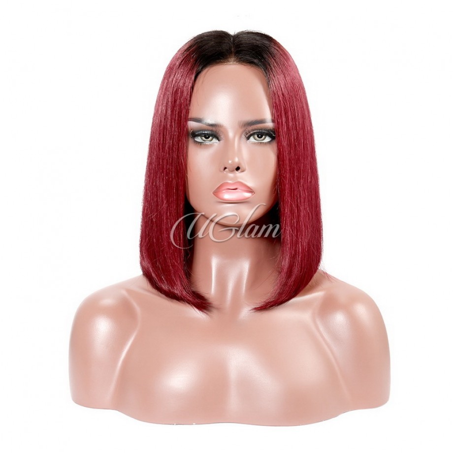 Uglam 13X4 Lace Front  Wig Black Root Burgundy Color Straight 