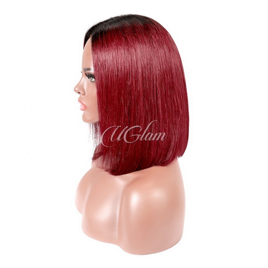 Uglam 13X4 Lace Front  Wig Black Root Burgundy Color Straight 