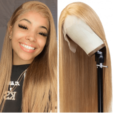 Human Hair 13x4 Transparent Lace Front  #27 Blonde Color Straight Wigs